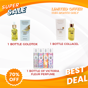 1 Bottle Goldtox + 1 Bottle Collacel with free 1 bottle of VF Perfumes