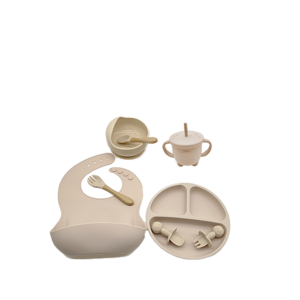 Silicone Baby Feeding 8 PCS.  Set, Baby Supplies with Suction Bowl Divided Plate, Toddler Self Feeding Dish Set with Spoons