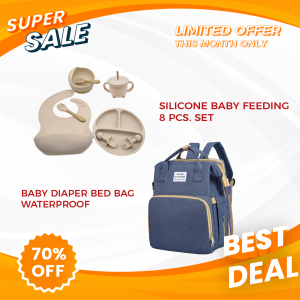 Baby Diaper Bed Bag Waterproof + Silicone Baby Feeding Set 8pcs